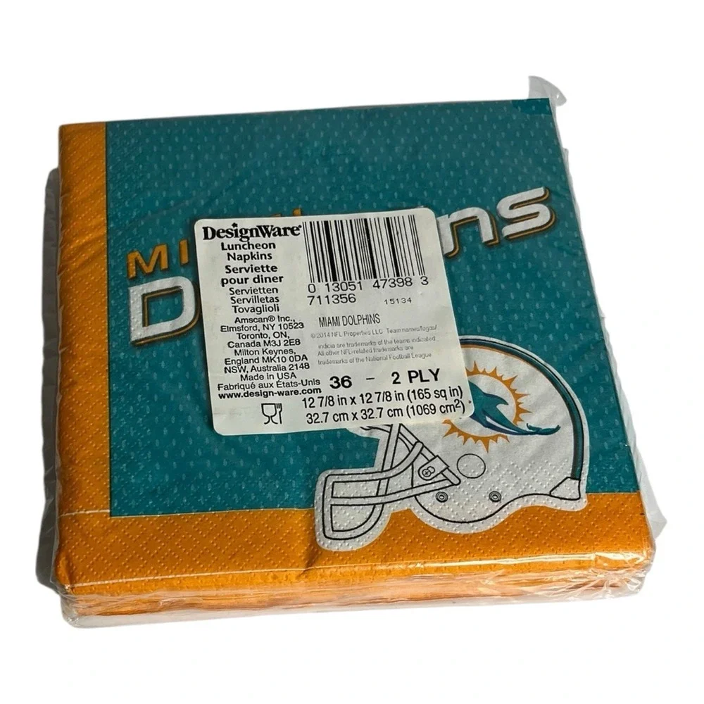 Miami Dolphins NFL Party Tailgate Napkins 36 Ct Made In USA Game Day Football